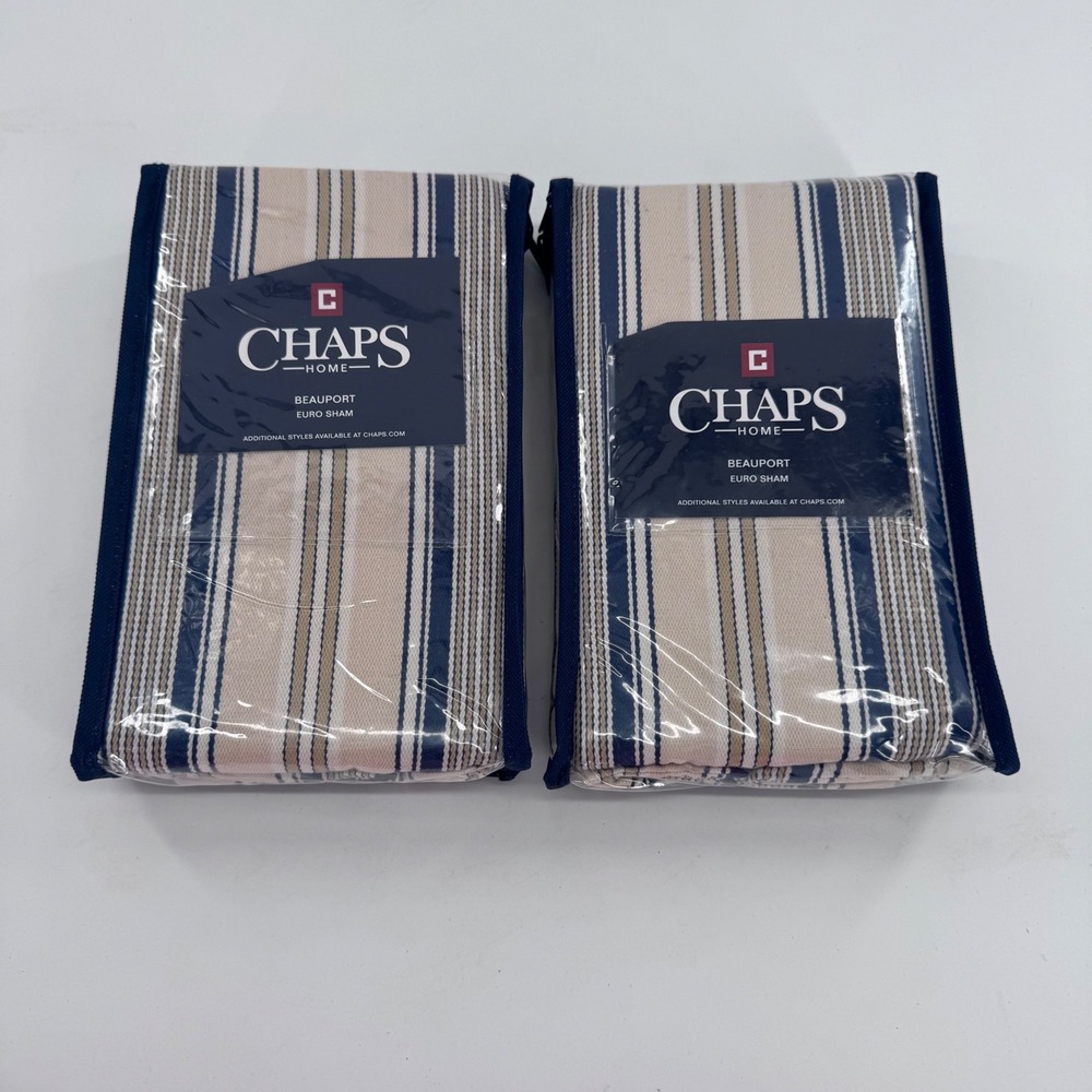 Chaps Beauport Euro Sham Set‎ of 2 Indigo Blue Cream Ticking Stripe 26x26 Cotton